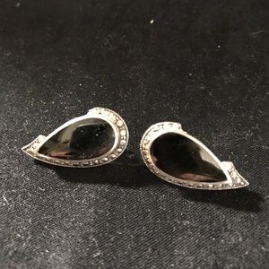 Silver Onyx Marcasite Earrings pierced ears